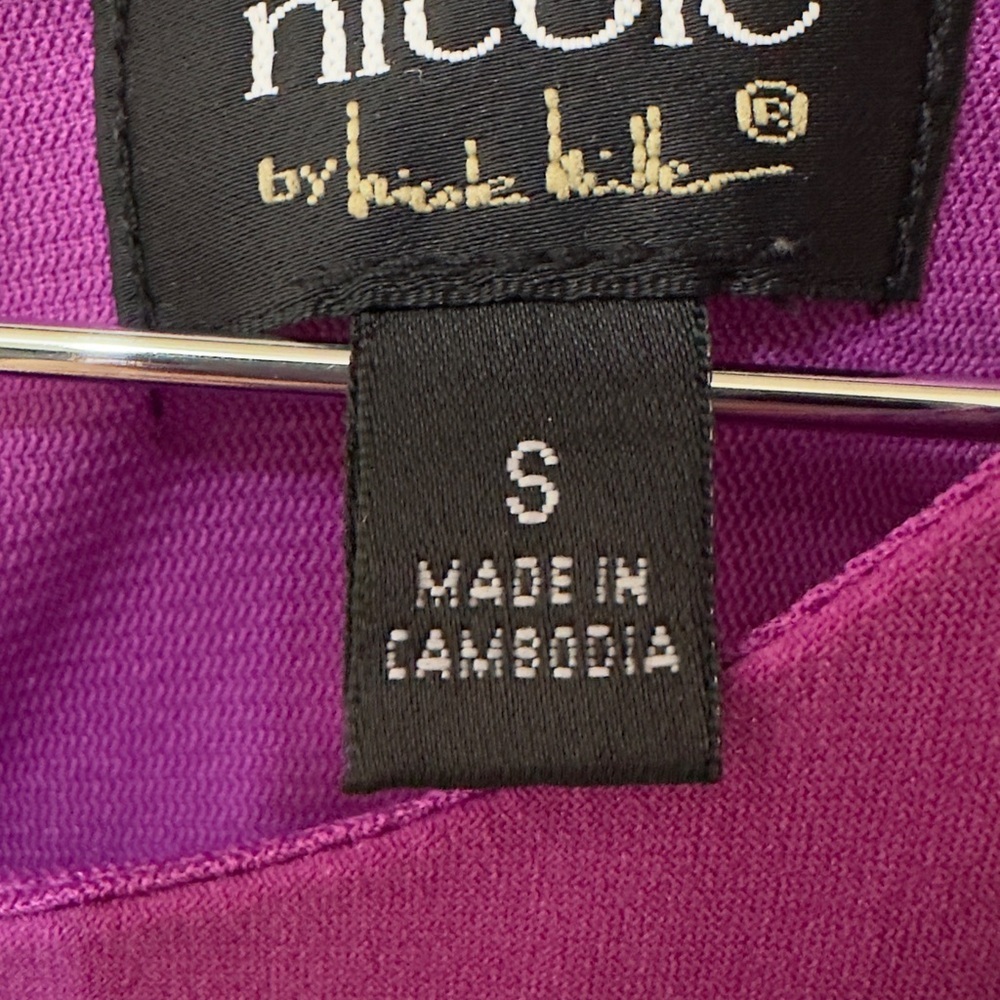 515 Nicole Miller | NWOT Magenta Tropical Leaf Print Sheath Midi Dress (Sz S) - Picture 14 of 17